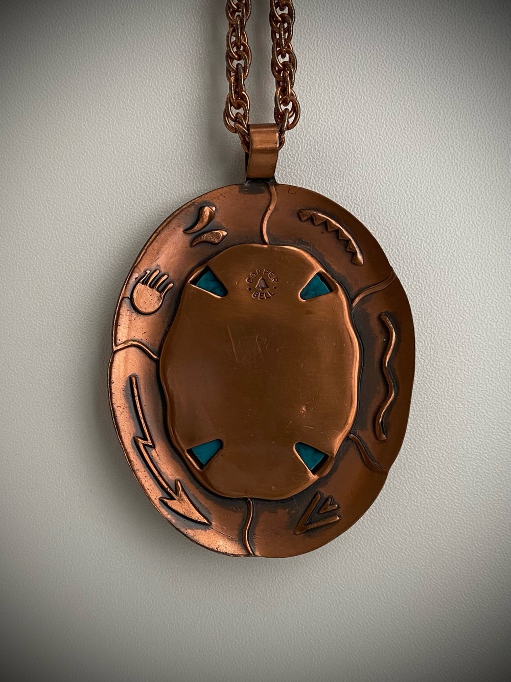 Vintage Bell Trading Post Faux Turquoise Pendant in Solid Copper Necklace - Picture 3 of 6